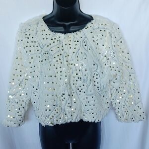 Candies Faux Fur cream with gold sequins cropped size Large jacket